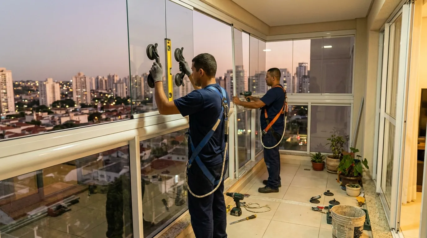 Divisória de vidro sendo fixada